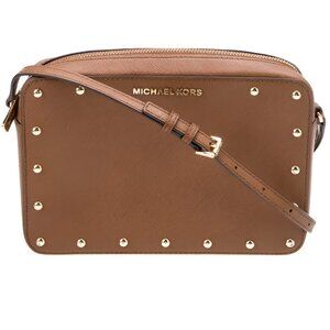 Micheal Kors Sandrine Leather Stud Saffiano Crossbody Bag Brown Small